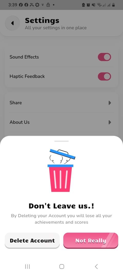 Confirmation screen for deleting your account