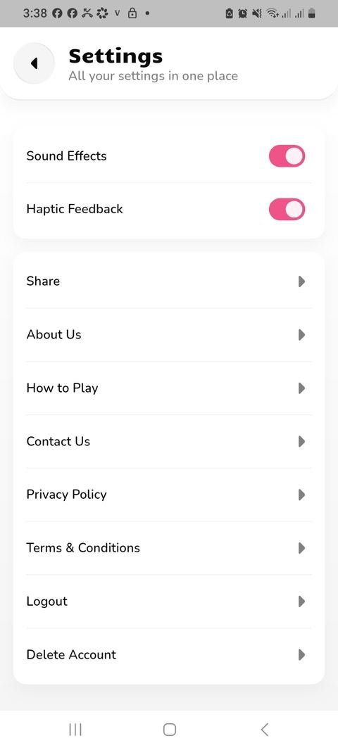 Settings screen showing the Delete Account option